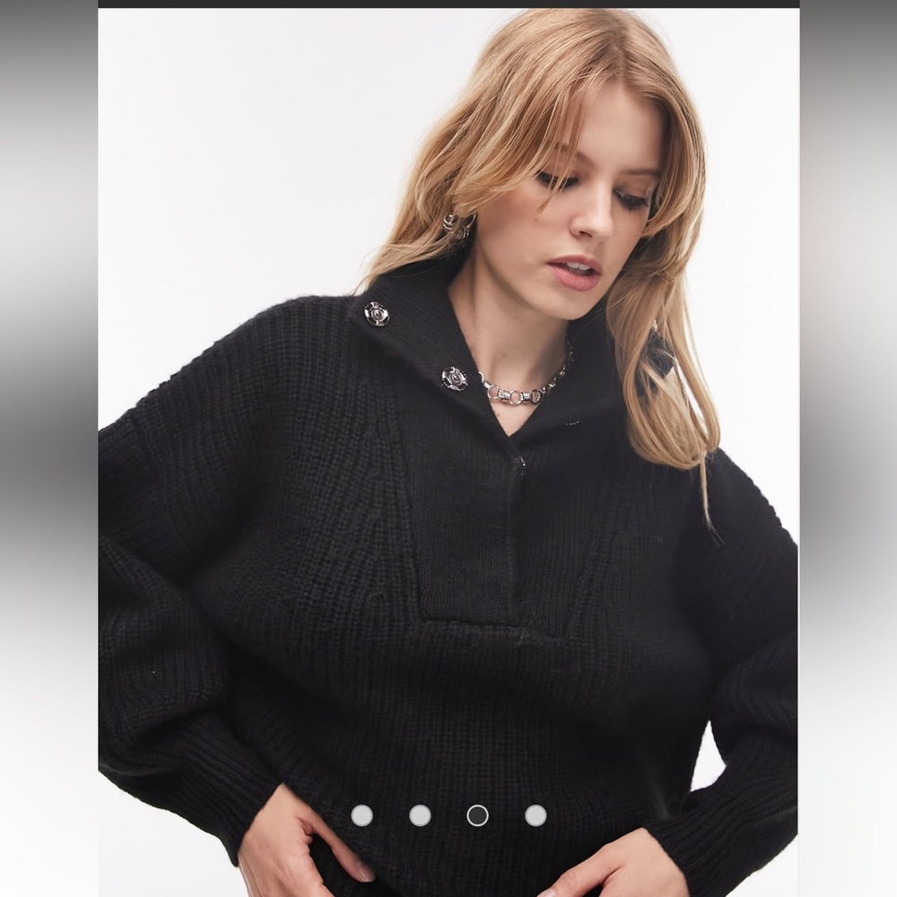 Topshop knitted snap collar sweater in black